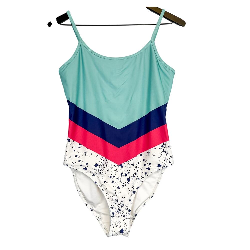 Chubbies Womens One Piece Swimsuit Splatter Print Stripe Blue - L